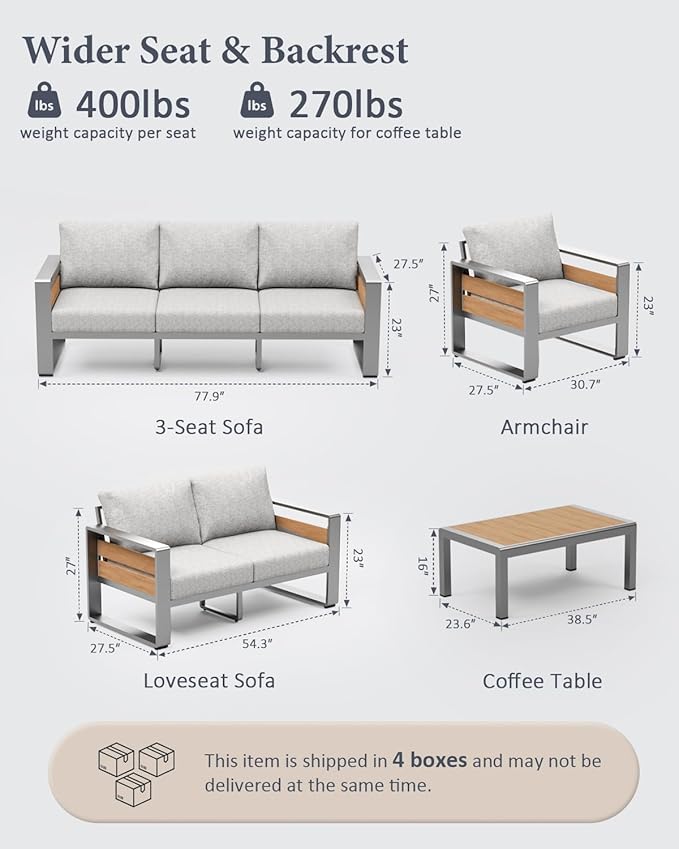 ZANDOR Aluminum Outdoor Patio Furniture - 2 Pcs Armchairs and Coffee Table, All-Weather Metal Modern Outside Furniture with Washable Thick Cushion for Garden/Backyard/Porch, Silver