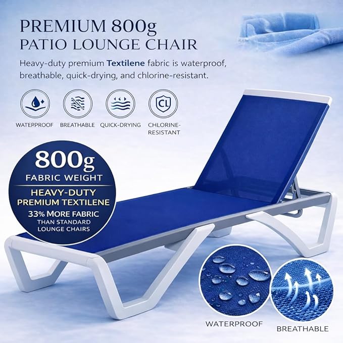 Kozyard Outdoor Chaise Lounge Chair, Full Flat Adjustable Patio Lounger with Aluminum Frame & Resin Legs, Textilene Fabric for Poolside, Backyard & Beach (Blue, 2Chairs with Table)
