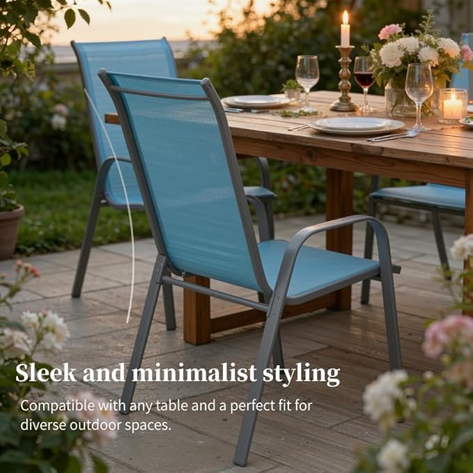 MAMIZO Patio Dining Chairs, Stackable All Weather Teslin Chair, Heavy Duty Outdoor Breathable Chairs Set, w/Armrests, Upgraded Chair FeetW/Strenthened Iron Spacers, 330 LBS (6, Turquoise Blue)