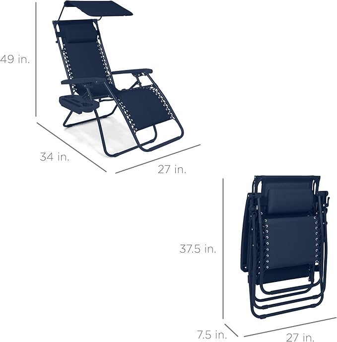 Best Choice Products Folding Zero Gravity Outdoor Recliner Patio Lounge Chair w/Adjustable Canopy Shade, Headrest, Side Accessory Tray, Textilene Mesh - Navy