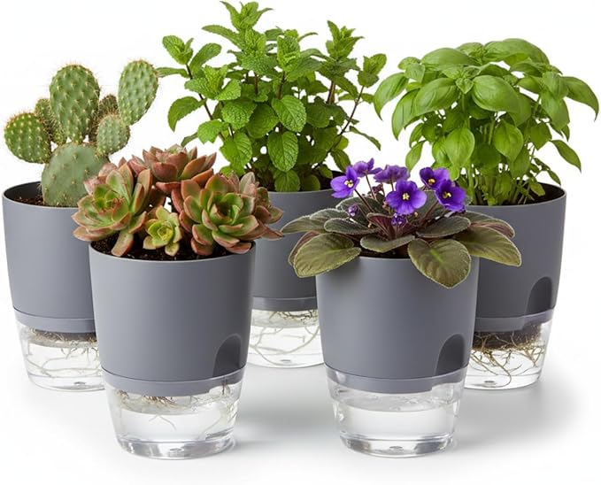 3.2 Inch Self Watering Planters Plastic Planter Pots 5 Pack Wicking Flower Pots Modern Decorative Planter for Small African Violets House Plants,Herbs,Indoor Outdoor Plant (Grey)