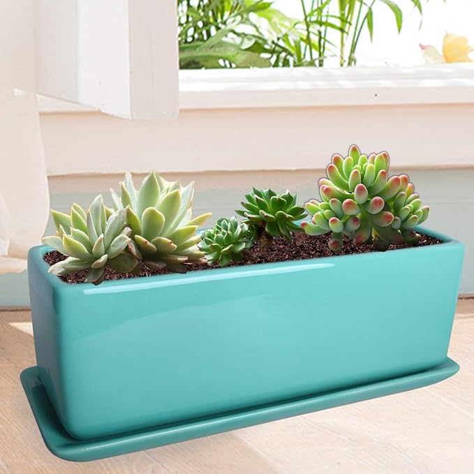 Vencer 14 Inch Rectangular Modern Minimalist Ceramic Succulent Planter Pot - Window Box with Saucer,Office Desktop Potted Stand,Turquoise,VF-0173T
