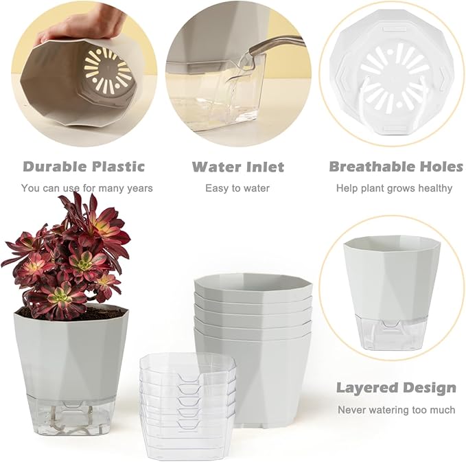 5 Pack Self Watering Plant Pots 5/6.7/8.4 In Self Watering Planters for indoor and Outdoor plants African Violet Self Watering Pots Clear Pots for Plants Herb Orchid Flower Houseplant Pots, Light Grey