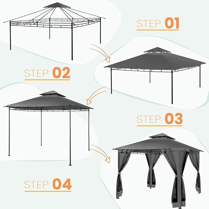 COBIZI Gazebo 10x10 Heavy Duty Gazebos with Improved Nettings Outdoor Gazebo Double Roof Patio Gazebos with Metal Steel Frame Outdoor Canopy for Patio, Deck, Backyard (Black)