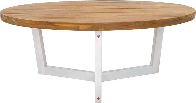 SAFAVIEH Outdoor Collection Leo Natural/White 3-Leg Round Coffee Table, Ideal for Deck, Patio, Backyard, Sunroom