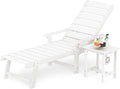 LUE BONA Chaise Lounge Chair with Table, 2-Piece, HDPS Chaise Lounger, 5 Positions Adjustable Lounge Chairs, Pool Lounge Chair with Wheels for Poolside, Backyard, White