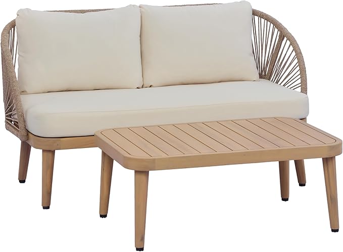 Merax 2-Piece Acacia Wood Patio Set - Curved Tub Loveseat & Slatted Coffee Table with Woven Rope Accents & Weather-Resistant Cushions for Deck, Porch or Garden,Teak+ Beige