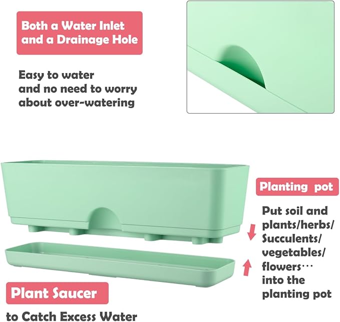 6 Pack Rectangle Planter 16x4.4 Inch Window Boxes Planters Rectangular Large Window Sill Planters Indoor Self Watering Plant Pots with Drainage Holes and Saucers Succulent Herb Flower Pots, Green