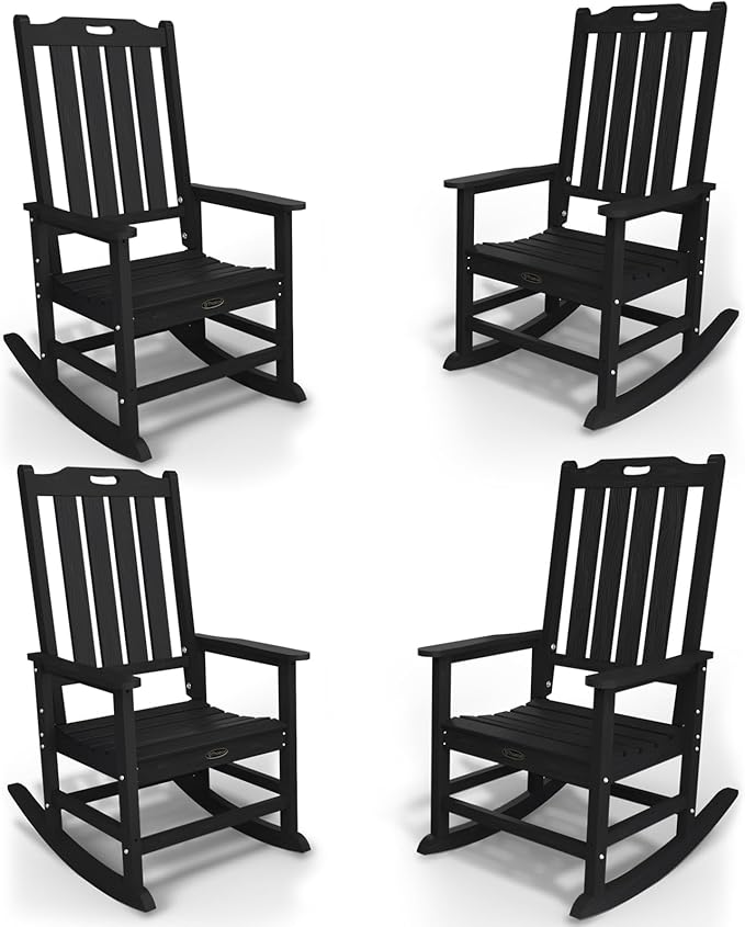 Oversized Rocking Chair Set of 4, Outdoor Rocking Chair for Adults, All Weather Resistant Porch Rocker for Lawn Garden, Black