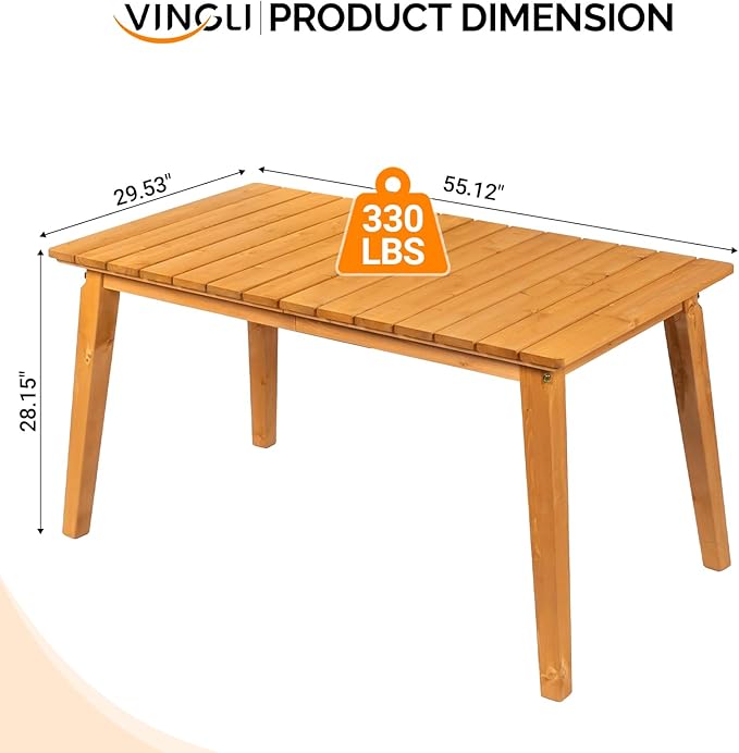 VINGLI Rectangular Outdoor Dining Table, Solid Cedar Wood Patio Table for 4-6 People, Waterproof Garden Table for Yard, Deck, Poolside (Teak)