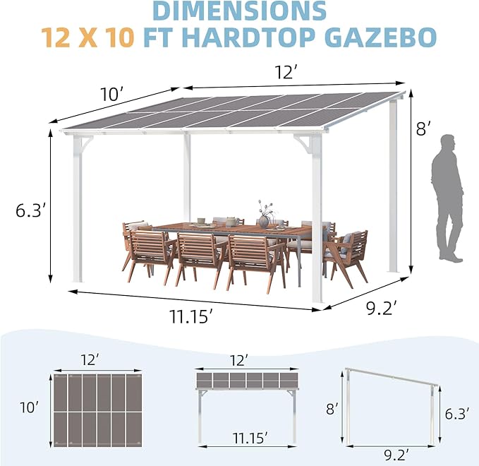 AECOJOY 12' x 10' Outdoor Gazebo Pergola for Patio, White Large Wall-Mounted Hardtop 10x12 Lean to Metal Gazebo Shelter Pergolas and Gazebos Clearance with Patio Roof, Heavy Duty Awnings for Backyard