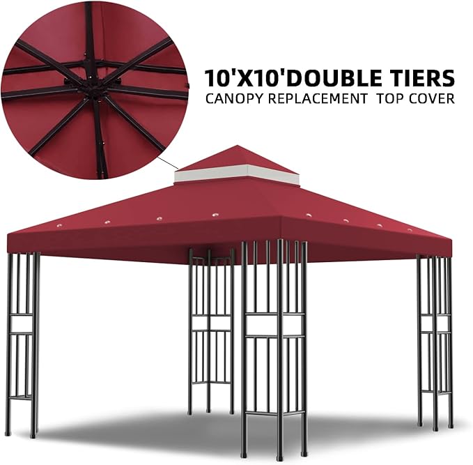 Sumfaller 10x10 FT Gazebo Replacement Canopy Top Cover Double Tiered Canopy Top Cover for Outdoor BBQ Roof Cover Grill Shelter (Red)