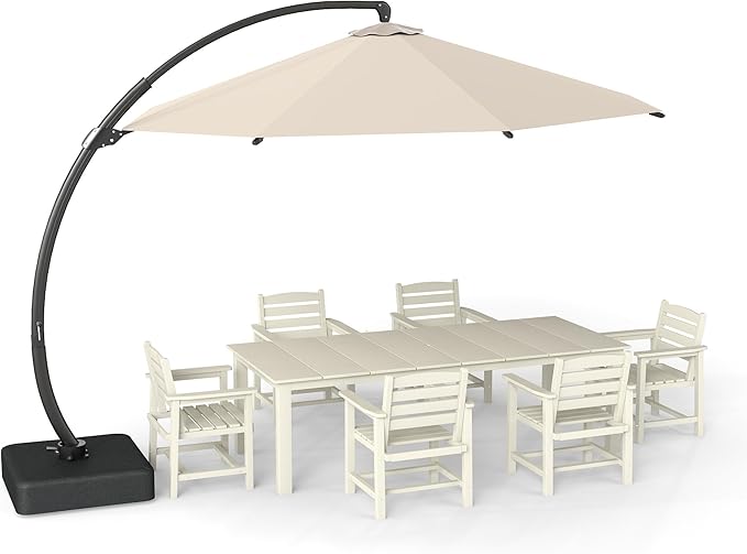 7-Piece White Outdoor Dining Set with Beige 11FT Large Patio Umbrella, 75.2'' HDPE Table & Chairs for 6, Weather-Resistant Furniture with Umbrella Hole for Patio, Lawn, Poolside