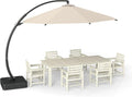 7-Piece White Outdoor Dining Set with Beige 11FT Large Patio Umbrella, 75.2'' HDPE Table & Chairs for 6, Weather-Resistant Furniture with Umbrella Hole for Patio, Lawn, Poolside