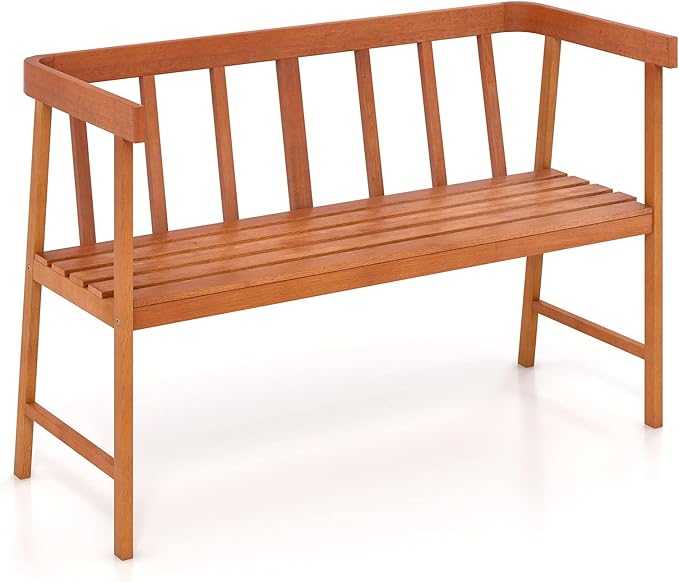 Tangkula Outdoor Eucalyptus Wood Bench, 2-Person Garden Bench with Backrest and Armrests, Garden Bench with Slatted Seat for Porch, Park, Backyard, 800 Lbs Max Load, 43” L x 18” W x 28” H, Natural