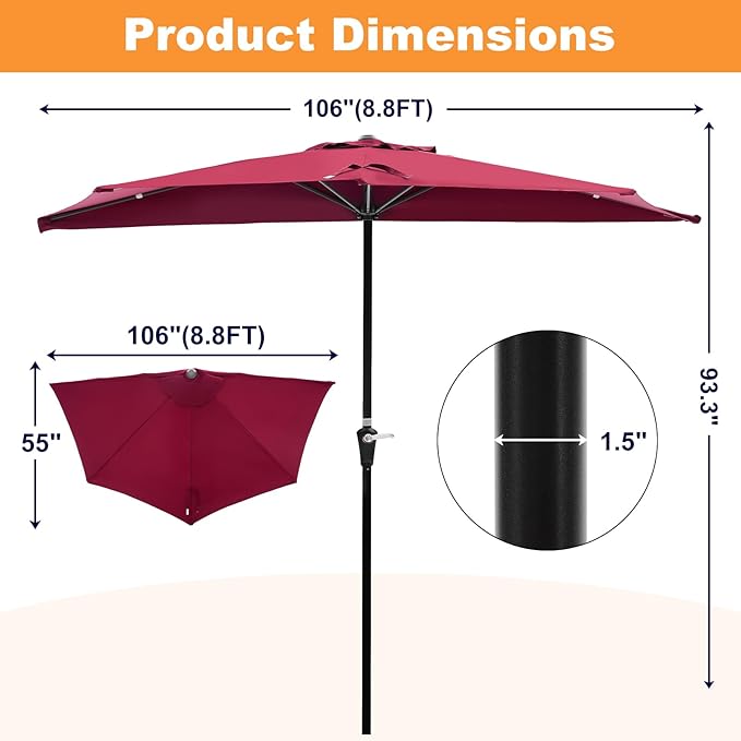 OLIXIS Half 9Ft Umbrella Outdoor Patio, Scalloped Patio Umbrella with Easy Crank, Sun Half Patio Umbrella for Balcony, Market, Garden, Red