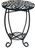 LIFFY Outdoor Side Table,12" Round Ceramic Tabletop Accent Table with Metal Frame, Indoor Small Decorative Plant Stand & End Table for Home, Patio, Garden