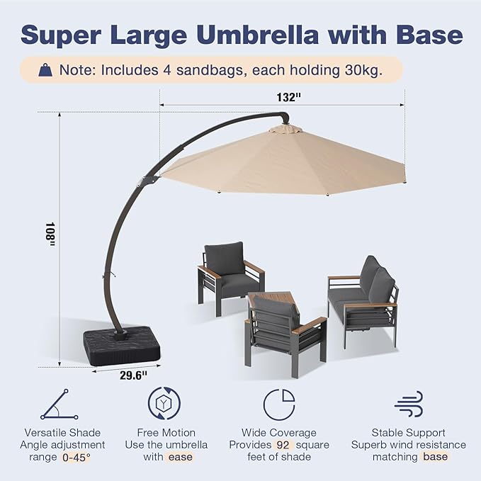Aoxun Aluminum Patio Furniture Set with Umbrella 4 Seats, Oversized Outdoor Sectional with Washable Thick Cushions, Coffee Table and Waterproof Cover, Patio Conversation Sets for Porch, Balcony, Deck