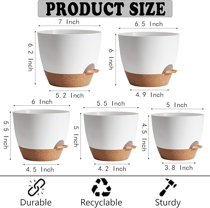 Indoor Plant Pots for Lazy People, 5Pack White Plastic Self Watering Planter Pots for Houseplants,Succulent, African Violets,Snake Plants, Flowers and Cactus(7/6.5/6/5.5/5 Inch)