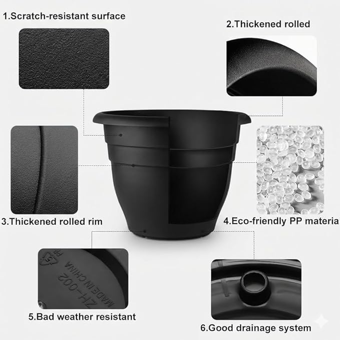 16 Inch Plant Pots Indoor Outdoor,6 Pack Black Plastic Planters with Drainage Holes,Large Lightweight Flower Pots for Indoor Outdoor Plants,Patio Garden Containers
