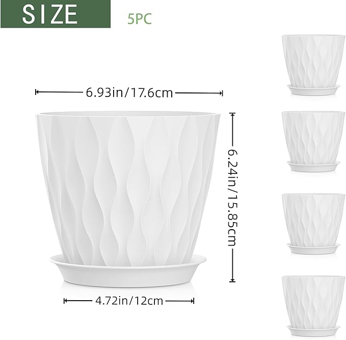 7 Inch Plant Pots 5 Pack, Flower Planters with Drainage Holes and Trays,Plastic Pots for Indoor Outdoor Plants,White
