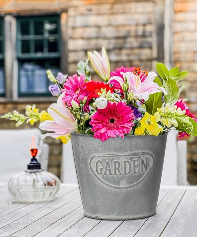 Briful 4 Size Galvanized Buckets Farmhouse Metal Bucket Dark Gray Galvanized Flower Bucket Home Indoor Outdoor Decorative Tin Planters (4.7In/5.1In/5.9In/7.1In)