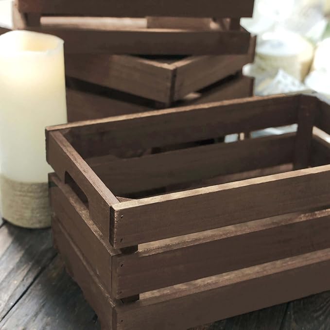 Efavormart Set of 3 Brown Rustic Wooden Nesting Crates with Built-in Handles, Decorative Farmhouse Storage Boxes and Display Containers for Wedding Decor and Storage