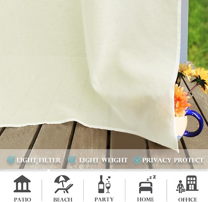 RYB HOME Sheer Curtains Outdoor - Linen Look Translucent Drapes Waterproof, Light Filtering Quick Dry Sheers for Exterior Patio Porch Wedding, 54" Wide by 96" Long, 2 Panels, Light Beige