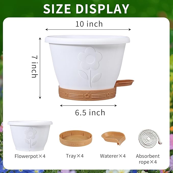 Plant Pots, Flower Pots for Indoor/Outdoor Plants, Self Watering Plastic Planters Pots with Drainage Holes, Saucer & Reservoir, Decorative Nursery Planting Pots(10 Inch Set of 4)
