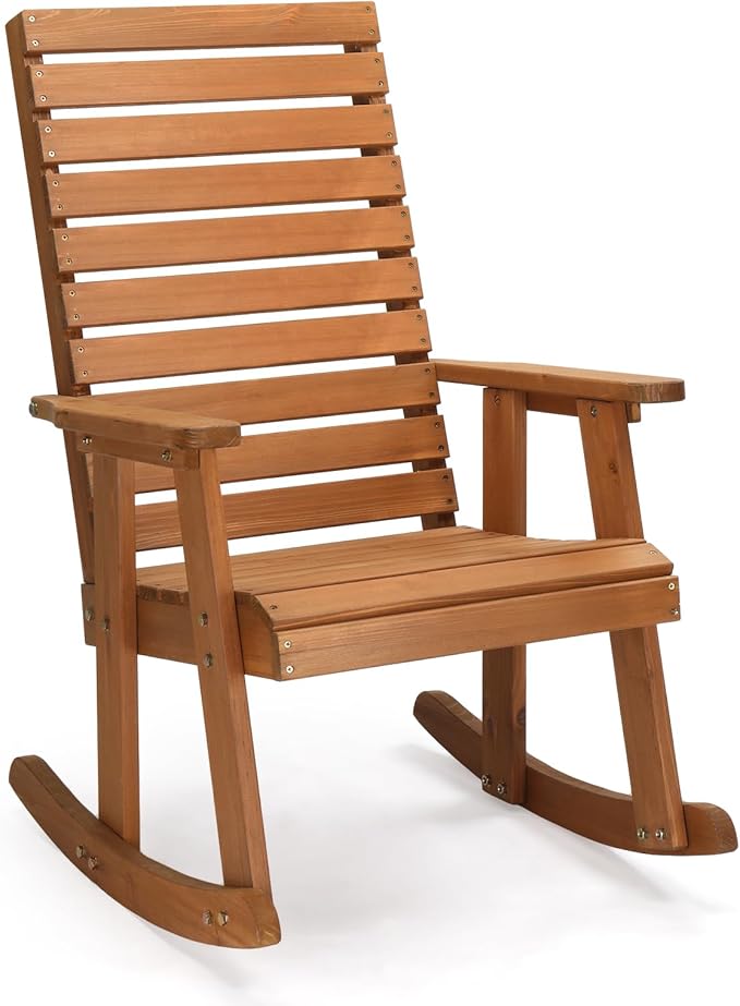 VINGLI Wooden Rocking Chair with High Backrest, Solid Fir Wood, Heavy Duty 600 LBS Patio Rockers for Indoor and Outdoor, Garden, Yard, Patio