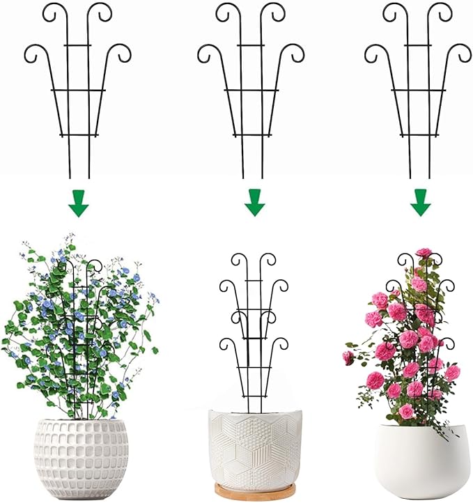 Garden Plant Trellis for Indoor Plants, Stackable Metal Trellis Supports for Climbing Plants or Houseplants, 3 Pack, Black (10"(W) x 17"(H))