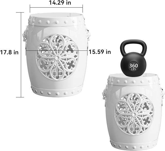 EFU Resin Garden Stool Indoor Outdoor,Decorative Antique Classic-Like Appearance, Waterproof UV Resistant Lightweight Sturdy,for Living Room, Garden Room, Patio(White)