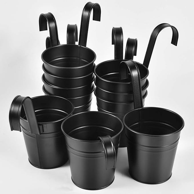 OBTANIM 12 Pack Metal Hanging Flower Pots Railing Planter Outdoor Fence Hanging Bucket Plant Holder with Detachable Hooks Drain Holes for Home Garden Yard Decor (Black, 4 x 4 Inch)