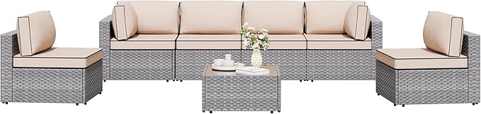 Shintenchi 7 Pieces Outdoor Patio Sectional Sofa Couch, Silver Gray PE Wicker Furniture Conversation Sets with Washable Cushions & Glass Coffee Table for Garden, Poolside, Backyard (Khaki)