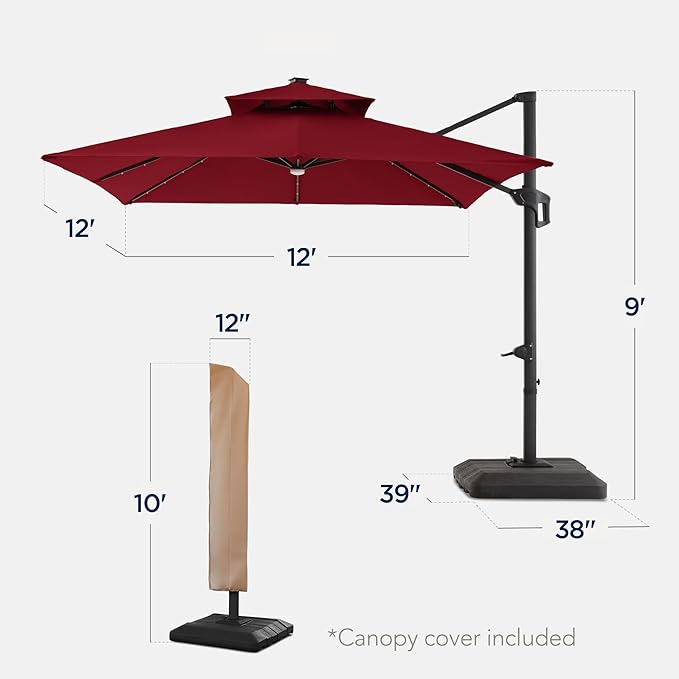 Best Choice Products 12x12ft LED Cantilever Patio Umbrella w/Base Included & 360° Rotation, Large Solar Offset Hanging Outdoor Sun Shade for Deck, Backyard Table w/Stand & Lights – Burgundy