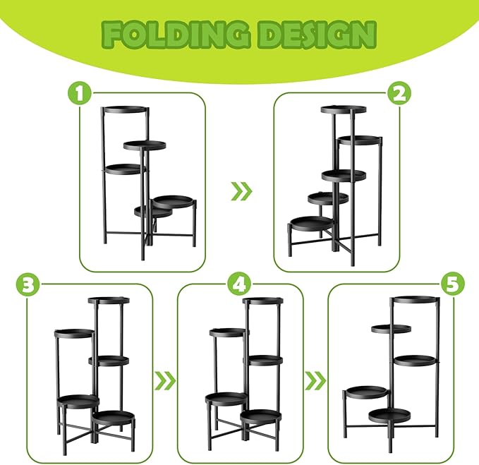 5 Tier Heavy Duty Metal Plant Stand for Indoor & Outdoor Use, Foldable Tall Corner Plant Shelf, Black Flower Pot Holder & Display Rack for Living Room, Balcony, Garden, & Patio
