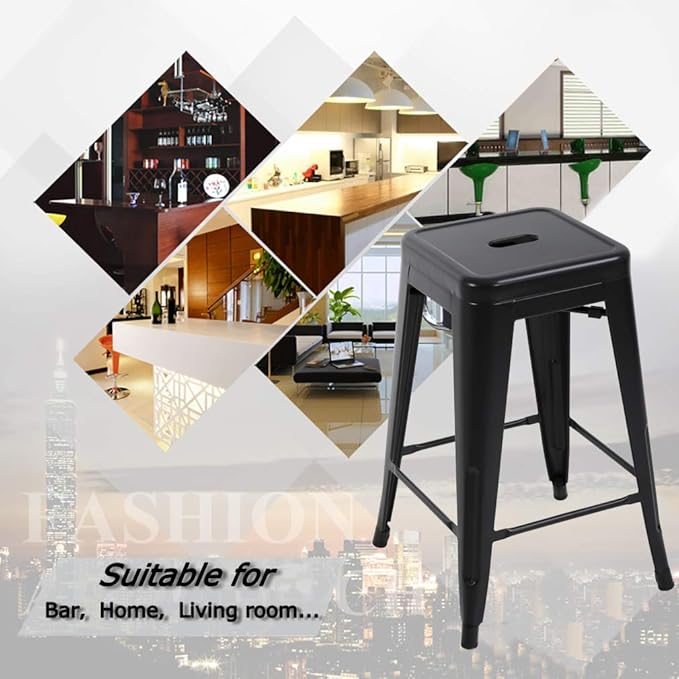 FDW Metal Bar Stools Set of 4 Counter Height Bar Stools 24 Inches Industrial Bar Chairs Patio Stool Stackable Backless Stool Indoor Outdoor Metal Kitchen Stools Bar Chairs (Black Set of 2, 24")