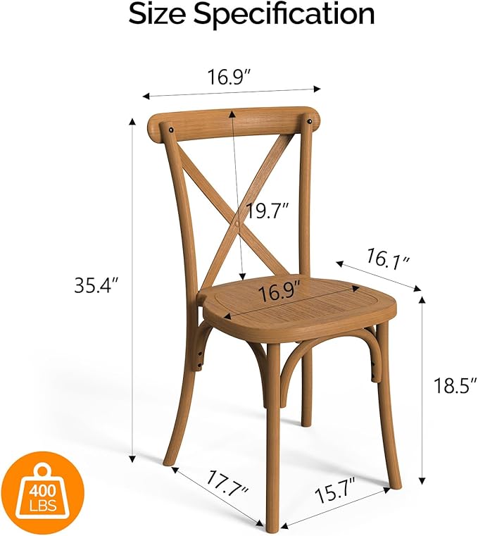 VINGLI Plastic Outdoor Dining Chairs Set of 2, Stackable Patio Dining Chairs with X Back, Waterproof Kitchen & Dining Room Chairs for Indoor-Outdoor, Capacity 400 lbs, Farmhouse Brown