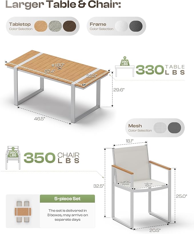 Outdoor Dining Table for 6, HDPS+ Aluminum Patio Dning Table with U-Shape Leg, Size: 67.4"*32.3"*29.6",Modern Rectangular Table for Lawn, Garden (White-Teak)