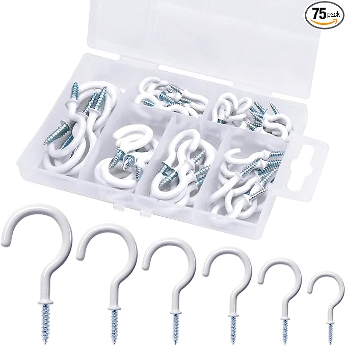 75 Pcs Ceiling Hooks for Hanging Plants, Cups, Utensils Vinyl Coated Screw-in Mug Hooks for Wooden and Drywall–Multi Size Sets (1/2 inch,5/8 inch,3/4 inch,7/8 inch,1 inch,1-1/4 inch)