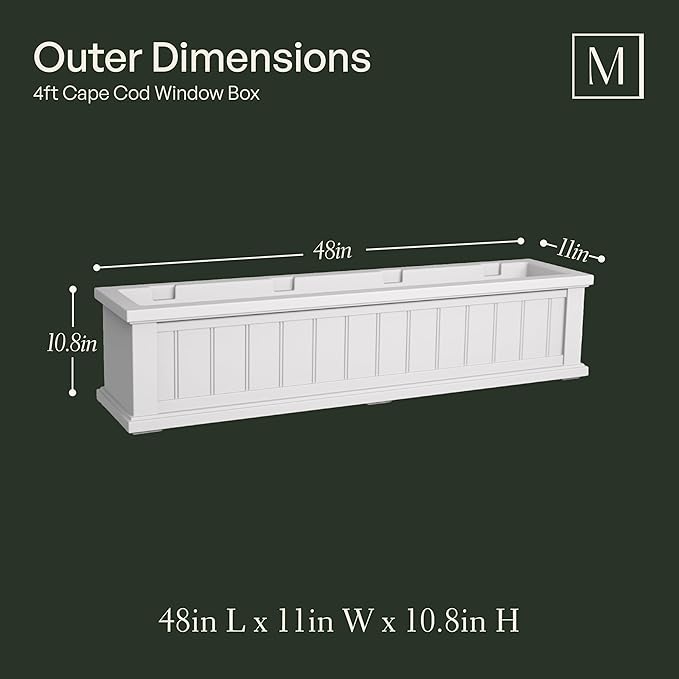 Mayne Cape Cod 4ft Window Box - White - 48in L x 11in W x 10.8in H - Polyethylene - Built-in Water Reservoir (4841-W)