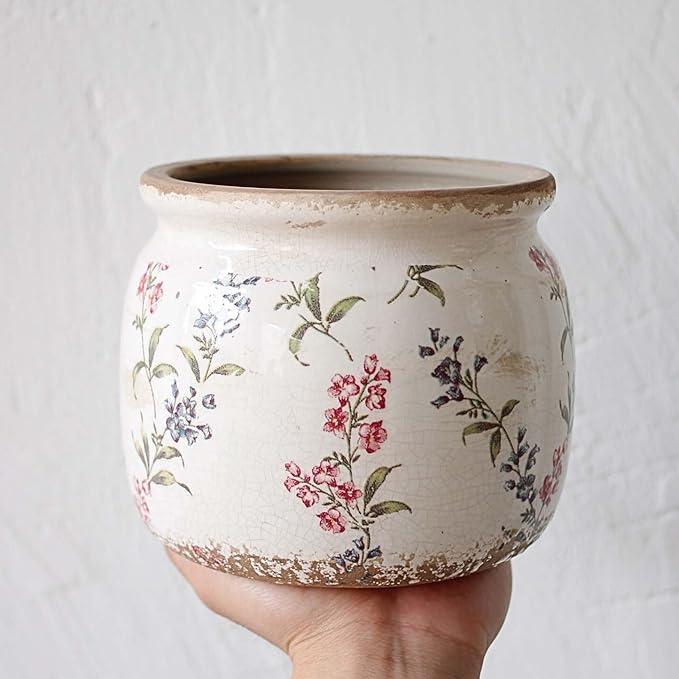 Flower Pots, Vintage Ceramic Planters for Indoor Plants, 6.29'' Plant Pots with Drainage, French Country Lavender Vase & Planters, Antique Home Room Decor, Gardening & Housewarming Gifts