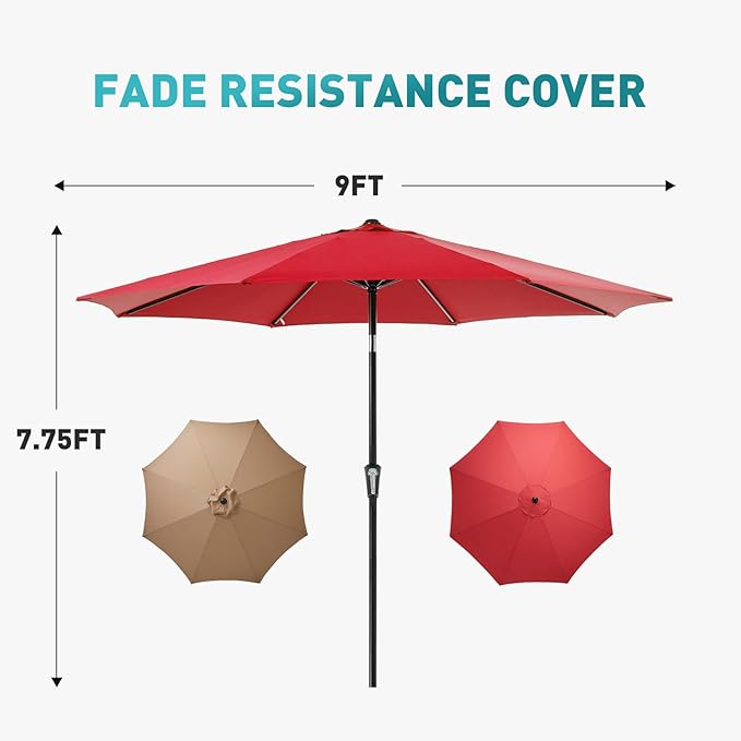 OLIXIS 9ft Patio Umbrella with Tilt and Crank Button & 8 Sturdy Ribs Waterproof, Patio Table Umbrella Perfect for Poolside, Terrace, Beach and Outdoor Restaurant, Red
