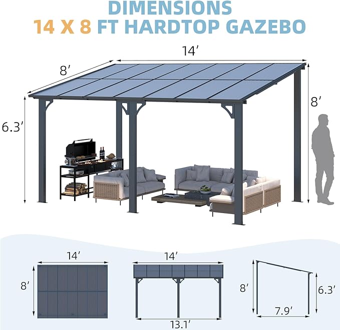 AECOJOY 14' x 8' Gazebo Outdoor Pergola for Patio, 8x14 Hard Top Lean to Gazebo Shelter Pergolas and Gazebos Clearance with Patio Roof, Large Wall-Mounted Heavy Duty Awnings for Decks, Backyard
