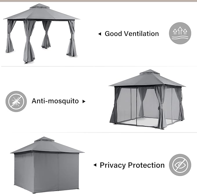 LAUSAINT HOME Semi-Permanent Outdoor Patio Gazebo 10'x10', Heavy Duty Party Tent Shelter with Double Roofs, Mosquito Nettings and Privacy Screens for Backyard, Garden, Lawn, Gray