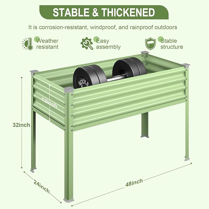 Raised Garden Bed with Legs, 48×24×32in Galvanized Raised Garden Beds Outdoor Elevated Metal Planter Box for Gardening Vegetables Flowers Herb （Green）