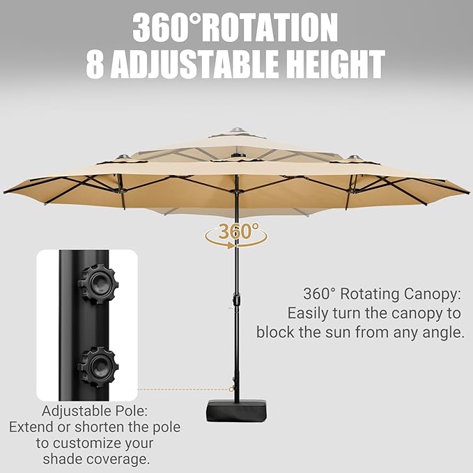 LEVELEVE 14FT Double-Sided Patio Umbrella with Base Included, Large Outdoor Rectangular Market Umbrella for Backyard, Poolside, Lawn & Garden, Khaki