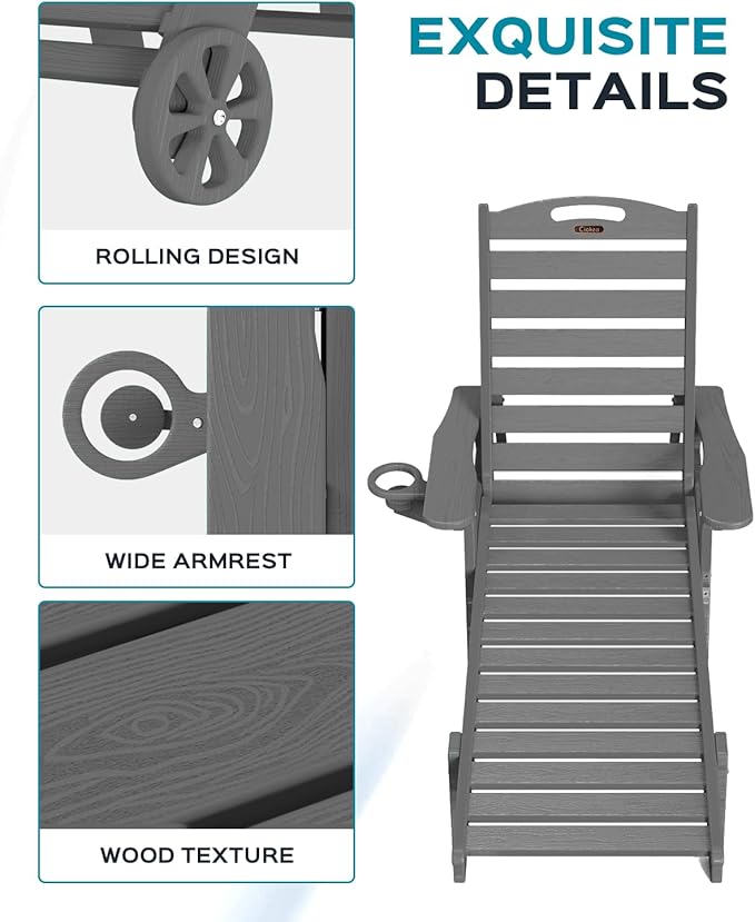 Ciokea Outdoor Lounge Chair Set of 4, All Weather Patio Chaise Lounge Chair for Outside, HDPE Chair with Rolling Wheels & Cup Holder, 5 Position, Deck, Pool, Dark Grey