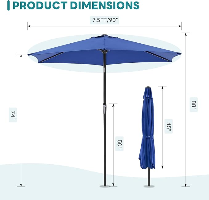 OLIXIS 7.5ft Patio Umbrella with Tilt and Crank Button & 8 Sturdy Ribs Waterproof, Patio Table Umbrella Perfect for Poolside, Terrace, Beach and Outdoor Restaurant, Blue