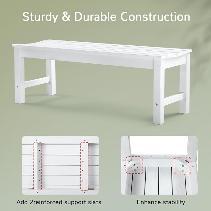 Stoog Outdoor Bench, 2-Person Patio Backless Bench, All-Weather HIPS Garden Bench with 800 lbs Weight Capacity, Never Rot or Fade, for Backyard, Porch and Park, White